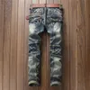 Wholesale- Fashion Men's Ripped Biker Jeans Brand Designer Distressed Vintage Washed Denim Pants With Patch Pleated Jeans For Men