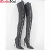 Wonderheel Aşırı Yüksek Topuk 12 cm Stiletto Overknee Çizmeler Mat Uyluk Yüksek Çizmeler Seks Fetiş Yüksek Topuk Lace Up Crotch Botlar