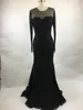 2017 New Sexy Evening Dresses Wear Jewel Neck Long Sleeves Black Lace Appliques Beaded Mermaid Prom Gowns Plus Size Formal Party Dress