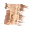 Peruvian＃27の蜂蜜金髪の人間の髪の毛織り、前の淡い茶色のシルキーストレート13x4フルレースの正面3つのバンドル拡張