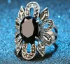 Retro Cluster Ring Antik Silber 925 vergoldet schwarzer Stein Harz Kristalle hohle Blume Stil Ringe Schmuck für Frauen niedriger Preis