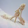 패션 디자이너 꽃 샴페인 웨딩 신부 신발 웨딩 저녁 파티에 대 한 높은 발 뒤꿈치 신발 Prom 고품질 발가락 신발