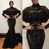 Arabie Saoudite Robes De Bal En Dentelle Noire 2017 Col Haut Manches Longues Sirène Robes De Soirée Sexy Voir À Travers Les Femmes Robe De Soirée Formelle