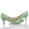 Grön Rhinestone Pumps Bröllopsfestskor Middle Heel Pekad Toe Graduation Prom Dancing Shoes Crystal Mor of Bride Shoes