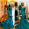 Saudiarabien Teal Aftonklänningar Sexig One Shoulder Långärmad Prom Klänningar Med Stor Flower On Axel Lace Appliques Afrikansk Party Dress