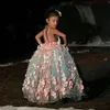 Новое Поступление Бальное платье Девушки Pageant Платья с Открытой Спиной Малышей Цветочница Платье Длиной До Пола Тюль 3D Аппликации Первое Причастие Платья