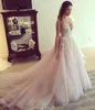 Mode Blush Pink Trouwjurken Sexy Dompelen Hals Applicaties Rits Backels Bridal Dress Charmant Organza Kapel Trein Trouwjurken