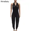 Hela sexiga Beach Party Lace Up Halter Mesh Rompers Women Jumpsuit Summer Deep V Neck Backless Side Split See Through Overalls8106683