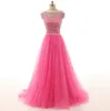 Robes de bal de luxe rose vif col bateau transparent épaule cristaux perles paillettes orné de tulle robe de bal robe de soirée