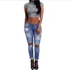 Vente en gros- 2016 Mode Femmes Dames Jeans Déchiré Skinny Denim Trou Coupe Pantalon Taille Haute Bleu