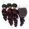 # 1B / 99J Vinho Tinto Tom dois Raízes Ombre peruana Virgin cabelo humano tece solto Aceno 3Bundles Com 4x4 Lace escuras Encerramento Burgundy Red