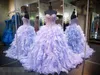 Ruffles Balo Gelinlik Modelleri Uzun Ağır Boncuklu Sequins En Korse Quinceanera Womean Pageant Güzellik Abiye Gerçek Fotoğraflar Lavanta Organze