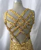 Sexy Gold Cekiny Arabskie Prom Party Dresses V Neck High Slit Syrenka Backless Plus Rozmiar Tanie African Evening Wear Suknie Prawdziwe zdjęcie