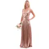 Sparkly Rose Gold Sequined A Line Bridesmaid Dresses V Neck Boho Spaghetti Strap Floor Length Garden Wedding Party Dress 2019 Plus7206943