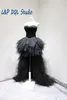 Real Pictures Prom Dress Black Feathers Ball Gown Hi Lo Evening Dresses Quinceanera Dresses High Waist with Beading Sequins