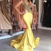 ファッションレモン黄色のイブニングドレス深いVネックゴールデンスパンコールノースリーブセクシーなプロムドレス2017見事なスイープトリアンの人魚パーティードレス