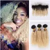 Dark Root Afro Kinky Curly Malaysian Virgin Hair Weaves With Lace Frontal Blonde Ombre #1B 613 Human Hair Bundles With Lace Frontal Closure