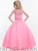 2022 Rachel Allan Filles Pageant Robes Pour Les Adolescents Illusion Cou Cap Manches Perles De Cristal Rose Longue Fête Enfants Robe De Fille De Fleur HY9488734