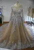 100% image réelle robes de mariée robe de bal scintillante pure cou paillettes perlées tulle manches longues robes de mariée dos nu robe de mariée grande taille