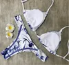 Feminino azul e branco impressão sling thong biquinis conjunto de swimwear de corda trançado para mulheres senhora brasileira verão praia banhos de banho