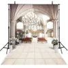 Vinyle Tissu Mariage Photographie Décors Église Lustre Chaises Fleurs Arche Portes Fenêtres Lumineuses Photo Studio Arrière-plans 10x10ft