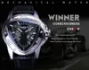 우승자 크리 에이 티브 레이싱 디자인 삼각형 디자인 실버 스켈레톤 다이얼 망 시계 탑 브레이 기어 베젤 시계 남자 브랜드 럭셔리 자동 시계