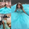 Błękitna Suknia Balowa Quinceanera Suknie 2018 Koronkowe Aplikacje Zroszony Słodkie 16 Długie Prom Dresses Custom Made Suknie wieczorowe Formalne zużycie