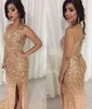 Sexy Gold Crystal Mermaid Prom Jurken V-hals Sheer Biemen Backless Tulle Split Sparkle Avondjurken Luxe Pageant Jurken