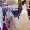 Stunning Plunging Neckline Prom Dress Sexy Zuhair Murad Long Sleeves Appliques Evening Gowns Champagne Tulle Mermaid Celebrity Party Dress