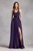 V Neck Halter Neckline Chiffon Front Slit Bridesmaid Dress VW360214 with Sash Wedding Party or Any Special Event