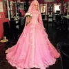 Pink Lace And Tulle Muslim Wedding Dresses 2017 High Neck Long Sleeves Appliqued Bridal Gowns Plus Size Custom Made China EN8153