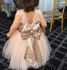 Małe śliczne dziewczyny Sukienki na wesela Klejnoty bez rękawów Suknie Sheer Lace Back z aplikacją Duże cekiny Bow Tulle Party Dresses