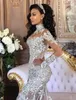 Modest Mermaid Detachable Train Bridal Gown High Neck Long Sleeve Appliques Crystal Wedding Dress Over Skirts Ruffles Organza Wedding Gown