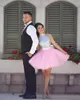 新しい2017シルバースパンコールトップピンクチュールボールガウンショートウエディングドレス安い弓サッシMinin Party Gownsカスタムメイド中国EN9017
