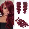 8A Grade 99J Peruvian Hair med 4 * 4 Lace Closure Burgundy Body Wave With Closure Wine Red Human Hair Buntar med stängning 340g Vikt