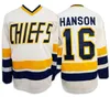 남성 슬랩 샷 영화 Charlestown Chief Hockey Jerseys 17 Steve Hanson 18 Jeff Hanson 16 Jack Hanson 1 Denis Lemieux 3 Dave Killer 7 Reggie Dunlo 파란색 흰색 셔츠 S-XXXL