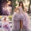 Marka Lekki Fioletowy Kwiat Dziewczyna Suknie Bez Rękawów Aplikacje High-Low Tulle Kids Wedding Party Urodzinowa Dress 2017 New Arrival