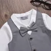 Mikrdoo Hot Baby Boy Kleidung Anzug Weste + Bogen Shirt Strampler + Hosen Gefälschte 2 Stücke Anzüge Formale Gentleman Baumwolle Hochzeit Kleidung Top Set Alter 0-2 T