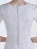 Lace A-line 겸손 웨딩 드레스 3/4 슬리브 V-Neck Vestidos De Novia 층 길이 진짜 맞춤 제작 된 사원 웨딩 가운 버튼