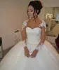 Lace Wedding Dresses Long Sleeves Appliques Ball Gown Bridal Dress Sheer Sweetheart Neck Pearls Wedding Gowns White Ivory Custom
