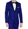Damat ve Sağdıç Için geleneksel Kraliyet Mavi Düğün Smokin Siyah Şal Yaka Balo Iki Düğme Erkek Takım Elbise Erkek (Ceket + Pantolon)