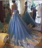 Light Blue Wedding Dresses Colorful Sweetheart Sleeveless Lace Appliques Tulle Bridal Gowns with Court Train Lace-up Back