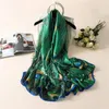 Primavera Autumn Designer Sciarpa Seta Donne Stampa digitale Green Peacock Piumes Scialli Hijab Sciarpe Foulard per signore 180 cm