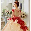 3D Flora Applique Prom Dresses 2018 Champagne And Red Ball Gowns Evening Gowns Peplum Sheer Back Covered Buttons Vintage Bridal Gowns