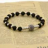 Partihandel Mens Armband 10st / Lot 6mm Lava Rock Stone Pärlor med 10mm Svart CZ Ball Sträcka Armband