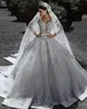 Luxury Lace Ball Gown Wedding Dresses V Neck Lace Crystal Bridal Gowns Robe de Mariée Plus Storlek Långärmad Bröllopsklänning Anpassning