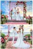 Wunderschöne Himmelswolken im Freien, malerische Sommer-Strand-Hochzeitshintergründe, Vinyl, romantische rosa Blütenblätter, Teppich, rote Rosen, Fotografie-Studio-Hintergrund