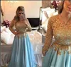 Charming Light Blue Gold Lace Evening Pageant Dresses Long Sleeve beaded belt middle east country Prom dresses Party Gown Dress