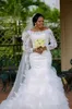 Plus size trouwjurken zeemeermin elegante kralen kanten lange mouw organza gelaagde rok bruidsjurken vestidos de novia