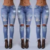 Vente en gros- 2016 Mode Femmes Dames Jeans Déchiré Skinny Denim Trou Coupe Pantalon Taille Haute Bleu